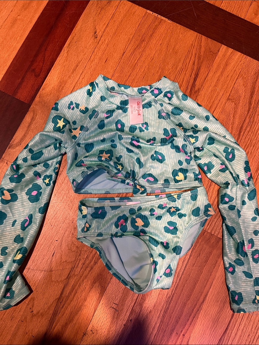 Cat n Jack Teal Green Leopard Star Print Long Sleeve Rashguard Set eb 9-12 th
